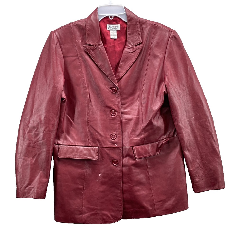 Style & Co 100% Leather Coat Women Large Cherry Academia Corpcore 90s Minimalist